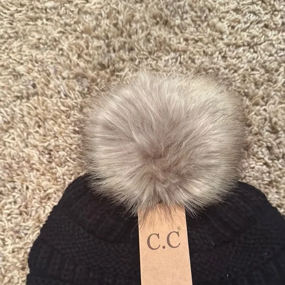 C.C Black Knit Beanie with Faux Fur Pom Pom - Picture 2 of 3